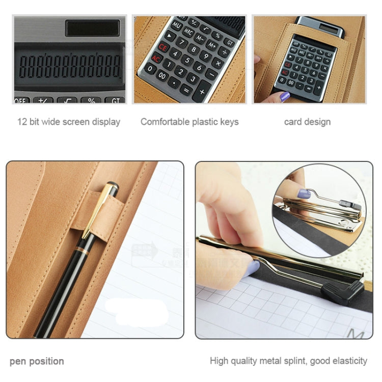 Tan leather document folder details: calculator keys and pen holder close-up