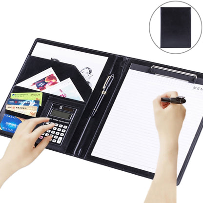 Black leather document folder with calculator, pen holder, and notepad pages open