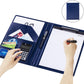 Blue leather document folder with calculator and notepad pages open, writing on memo
