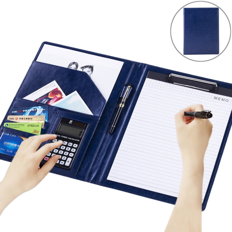 Blue leather document folder with calculator and notepad pages open, writing on memo