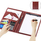 Red leather document folder with calculator and notepad pages open, pen and memo visible