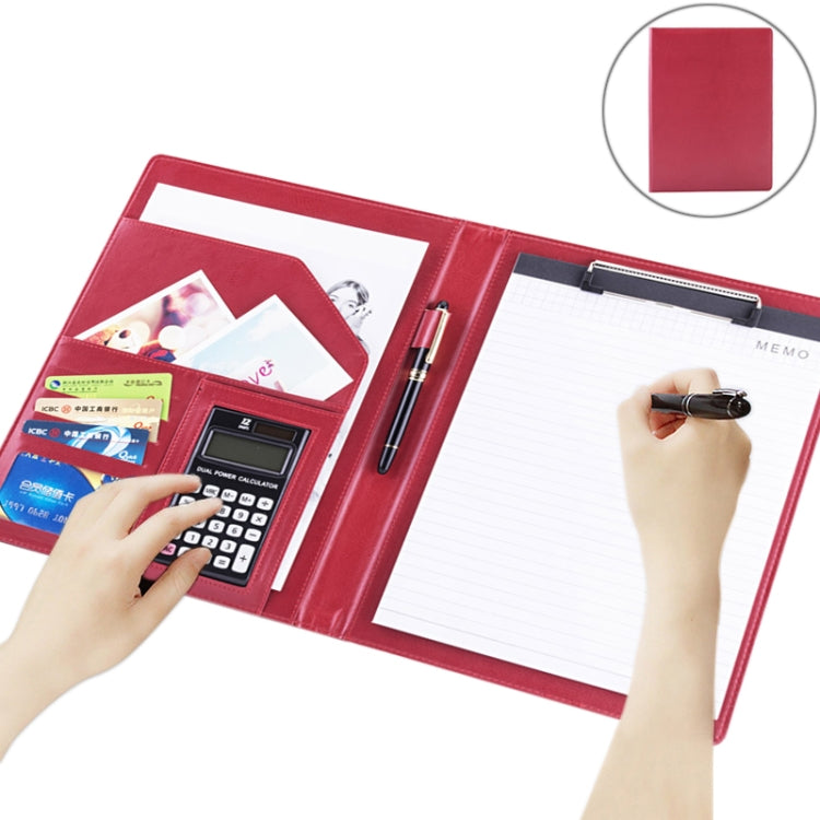 Red leather document folder with memo pad and calculator, pen holder