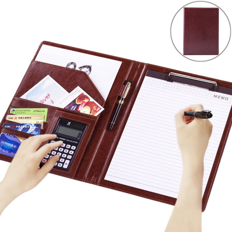 Dark brown leather document folder with memo pad, calculator and pen holders