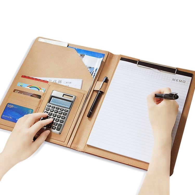 Light brown leather document folder with memo pad and calculator, pen holder