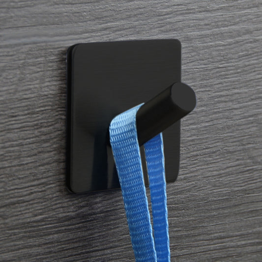 Black oblique metal coat hook with rounded end plate and mounting base