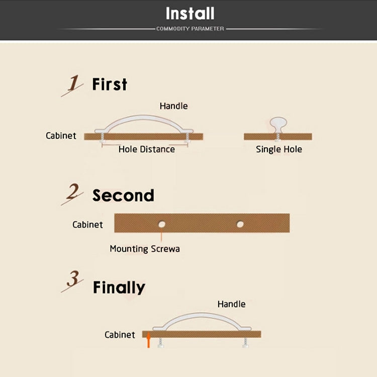 Cabinet drawer handle installation diagram with hole distance and mounting screw