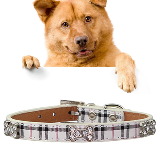 Beige PU dog collar with pink plaid and rhinestone bone studs, metal buckle (Size S)