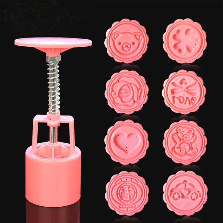 Pink round fondant and cookie cutter set with 8 cartoon designs and press tool