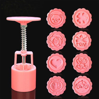Pink round fondant and cookie cutter set with 8 cartoon designs and press tool