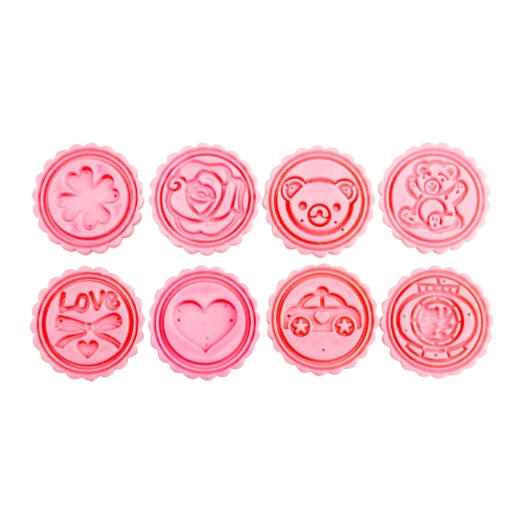 Pink round cookie cutters with 8 cartoon faces and hearts, assorted set