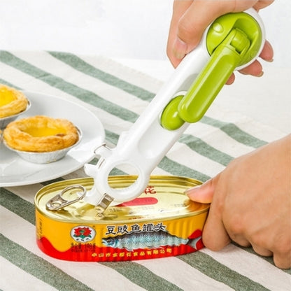 7-in-1 can and bottle opener tool with lime green handle and white body