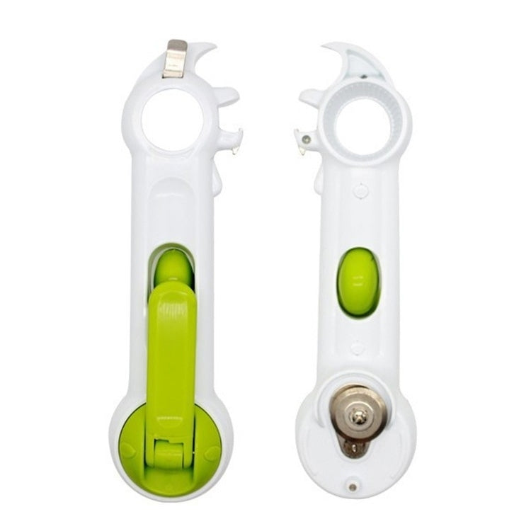7-in-1 can and bottle opener tool, white body with lime green lever and opener head