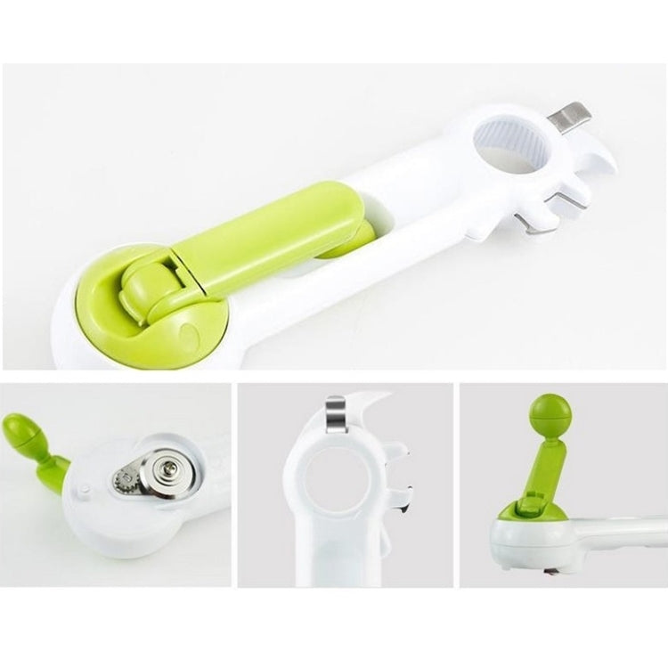7-in-1 can opener tool with lime green wheel and white handle, metal punch tip