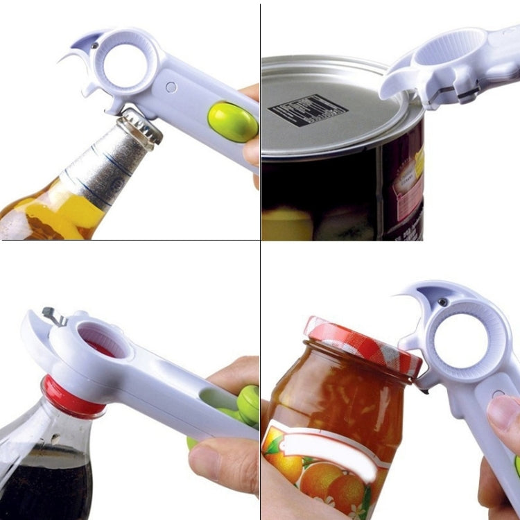 7-in-1 bottle and can opener tool in white with green accent, bottle-cap gripper