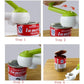 7-in-1 can opener tool opening a can using the lime green lever