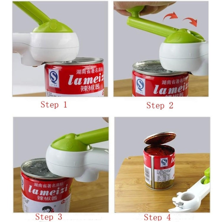 7-in-1 can opener tool opening a can using the lime green lever