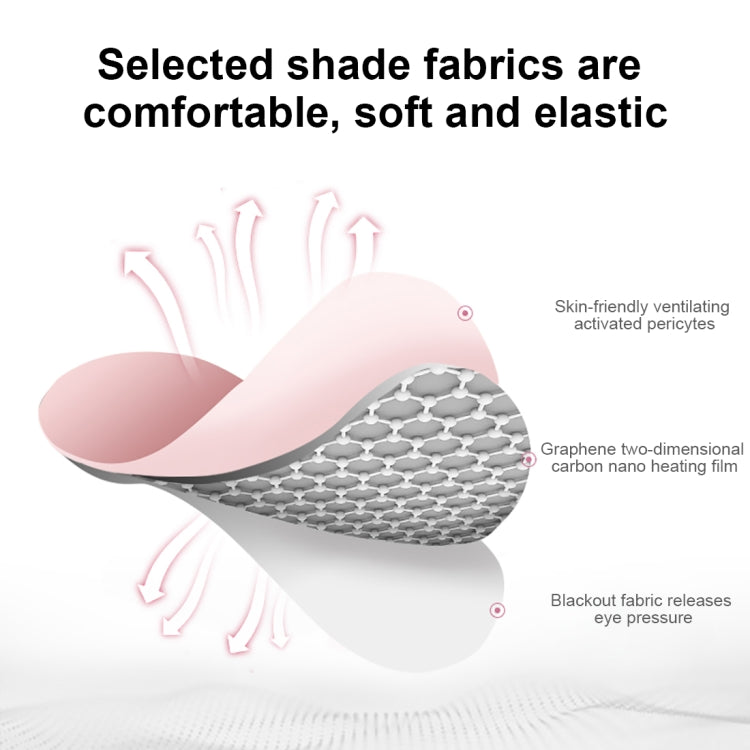Model wearing pink graphene USB eye mask with gray strap and covered eye pad