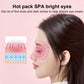 Pink hot eye pack style mask on model’s face with gray strap and padded eye cover