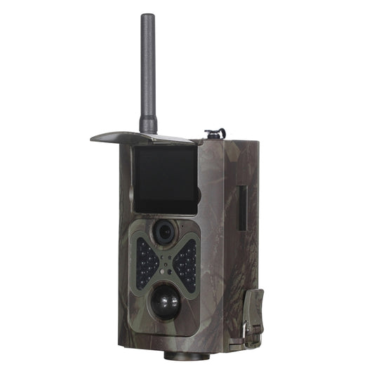 Camouflage trail security camera with LCD screen, front lens, and tall antenna