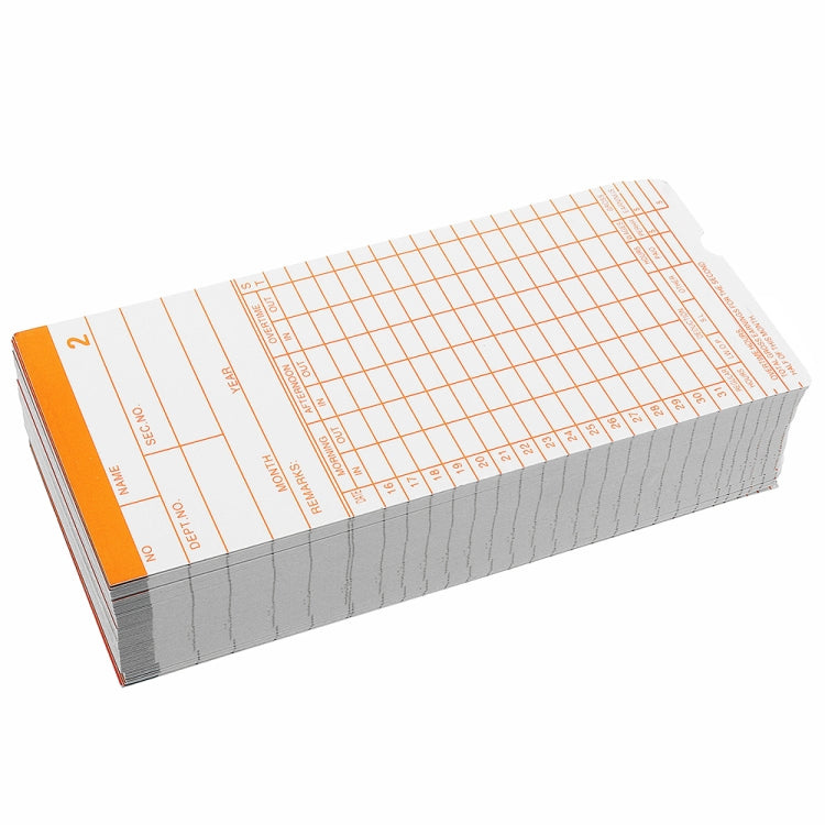Pack of 90 paper time cards with orange header strip on stacked sheets