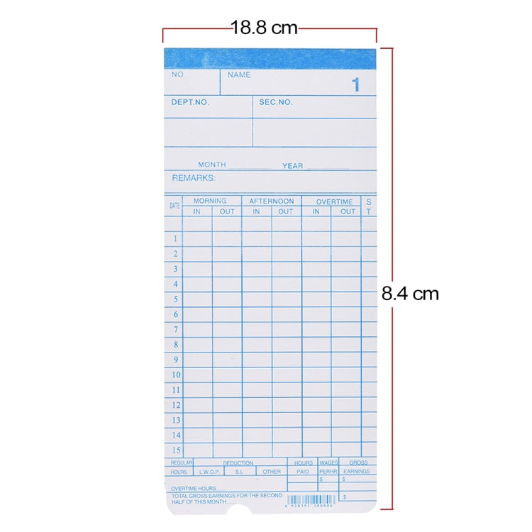 Single paper time card with blue grid table and header labels