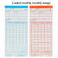 Two-sided paper time card sheets, blue and orange monthly attendance layout