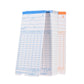 Paper time cards fanned out, blue left sheet and orange right sheet