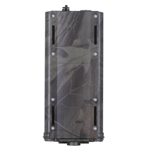 Camouflaged trail camera back panel with mounting screws and side access slots