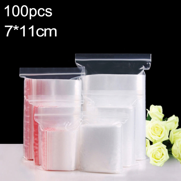 Clear PE self-sealing zip lock packaging bags, 7x11 cm, 100-pack, stacked