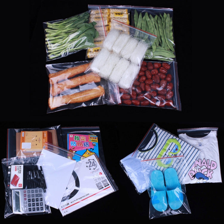 Clear PE self-sealing zip lock bags filled with assorted items for storage