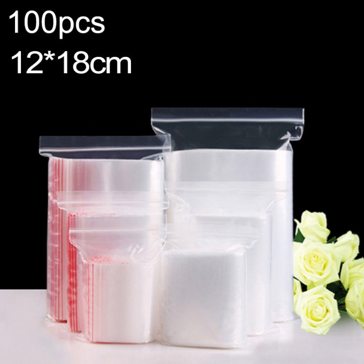 Clear PE self-sealing zip lock packaging bags, 12x18cm, 100-pack, overlapped view