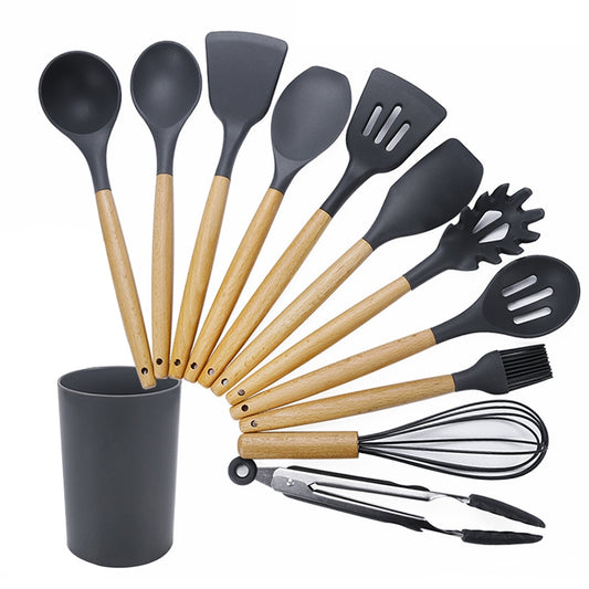 11-piece silicone nonstick spatula spoon set with wooden handles, in gray bucket