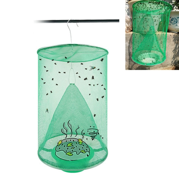 Green mesh hanging automatic fly cage with funnel bottom and top hanging loop