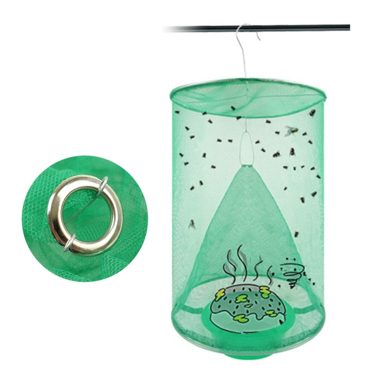 Green mesh hanging fly cage with circular metal hanging ring detail