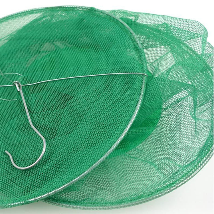Close-up of green mesh automatic fly cage frame and hanging hook wire