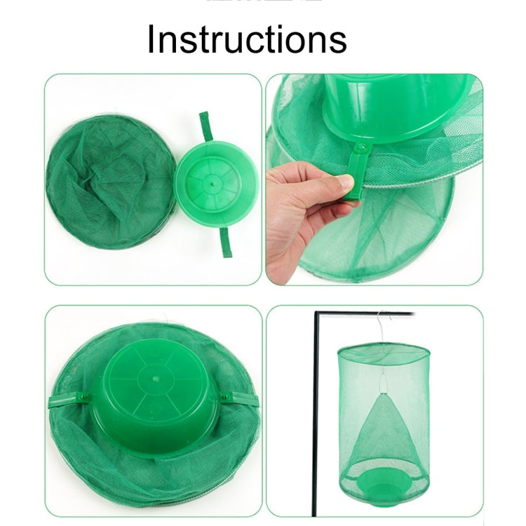 Folding green mesh fly cage shown with circular top and support pieces