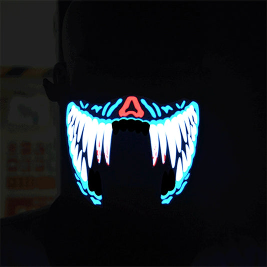 LED terror face mask, black fabric with blue and white glowing teeth pattern