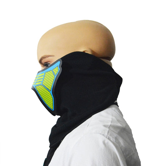 Black cloth face mask with neon green-yellow LED graphic, shown from the side