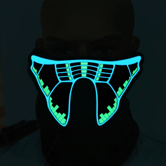 Glow LED horror face mask with black fabric and neon cyan/green skeletal pattern