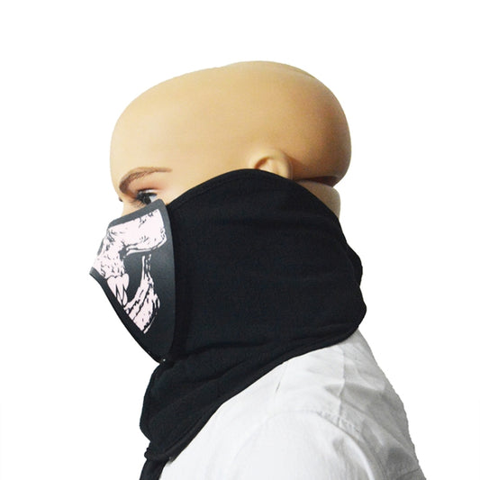 Black scarf-style face mask with white skull print, side view covering nose and mouth