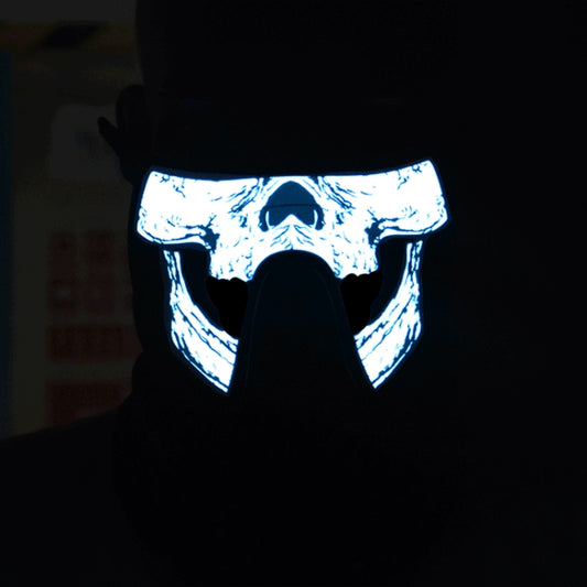 LED skull face mask with glowing blue outline and black fabric covering nose and mouth