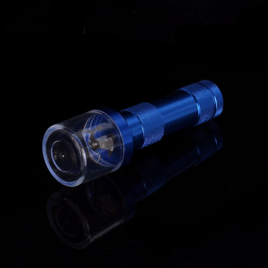 Blue electric tobacco rolling machine with textured metal handle and clear grinding chamber