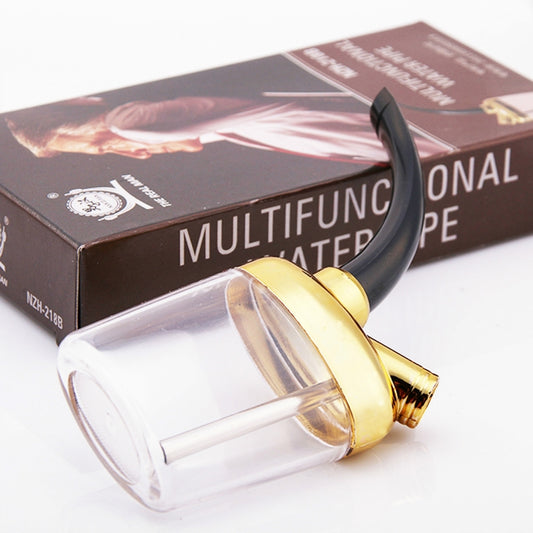 Gold-and-black water pipe with clear glass chamber and curved mouthpiece