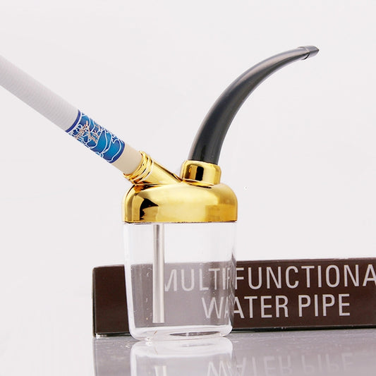 Gold-and-black multifunction water pipe with clear chamber and curved mouthpiece