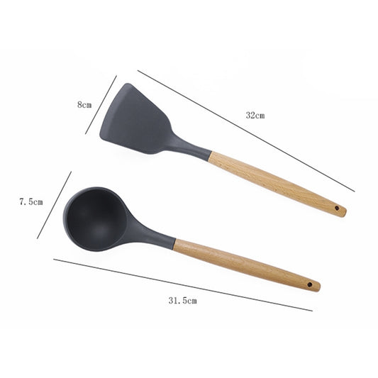 Pair of black silicone spatulas with light wood handles and length markings