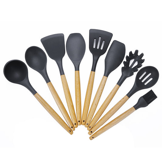 Silicone non-stick spatula and spoon set with wooden handles, black heads