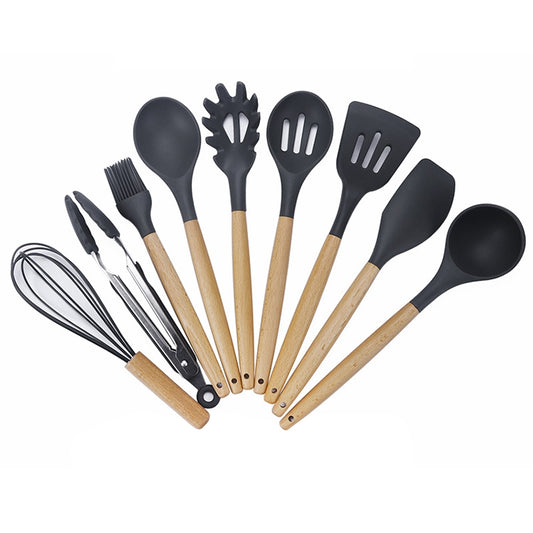 Silicone non-stick kitchen utensil set with wooden handles, 9-piece assortment