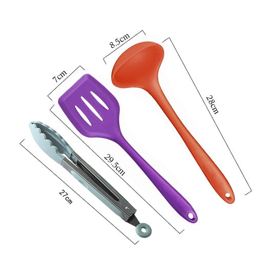 Silicone kitchen tools: purple slotted spatula, orange spoon, and metal chopper attachment