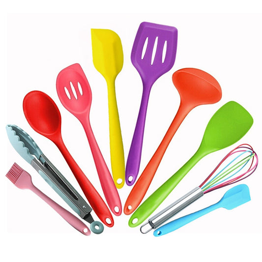 Silicone kitchen tools set with colorful spatulas, ladles, and a multi-tool whisk