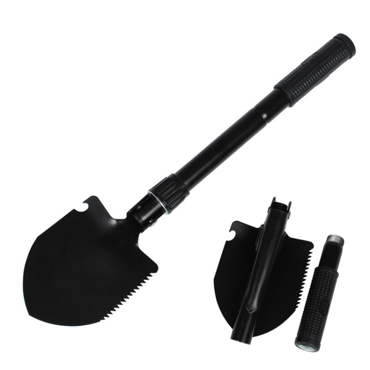 Folding camping shovel with serrated spade blade and two included tool attachments